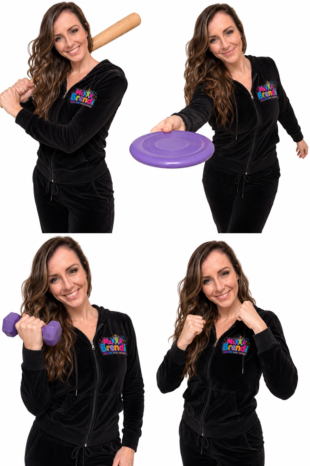 Ms. Brendi in playful action poses with sports gear